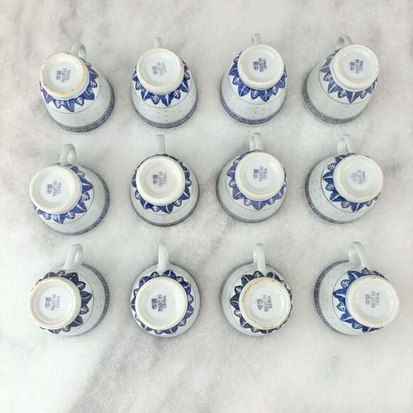 Vintage Chinese Tea Set Blue White Rice Porcelain MINT - Picture 9 of 13